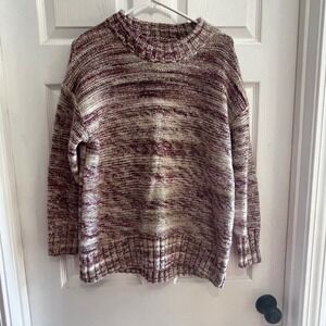 Chunky Knit Mock Neck Sweater Marled Burgundy Cream Oversized Cozy Medium